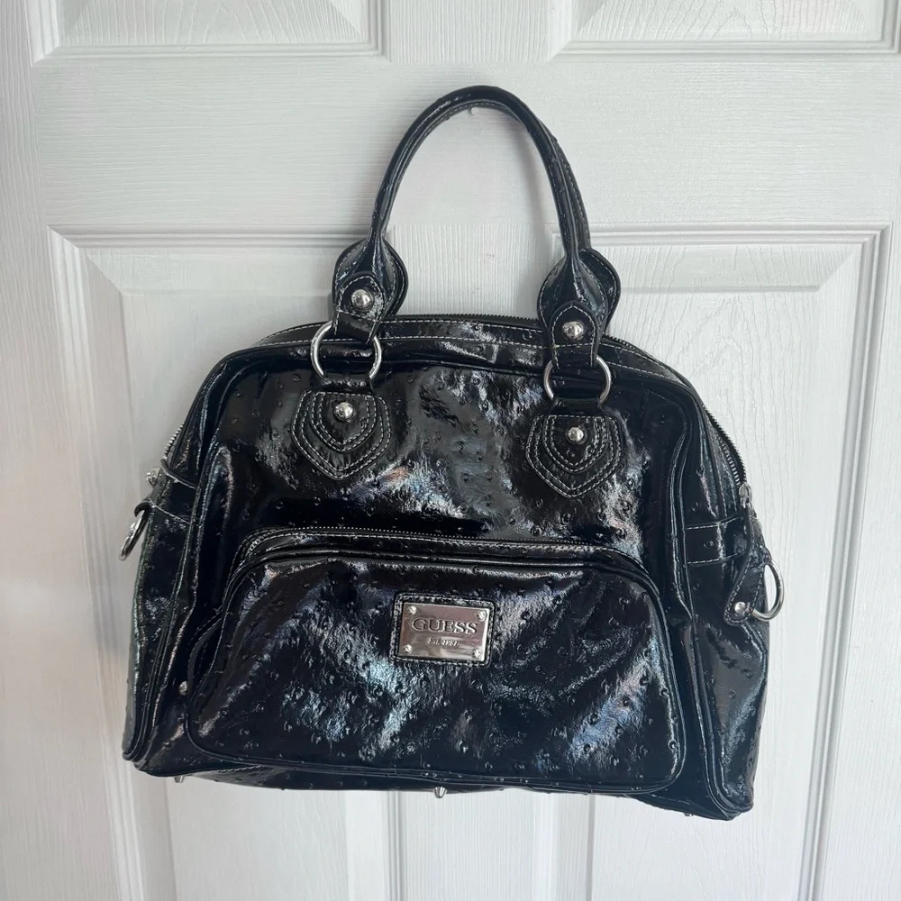 Vintage GUESS Y2K 90’s Black Women's Satchel Bag - Ostrich Pattern